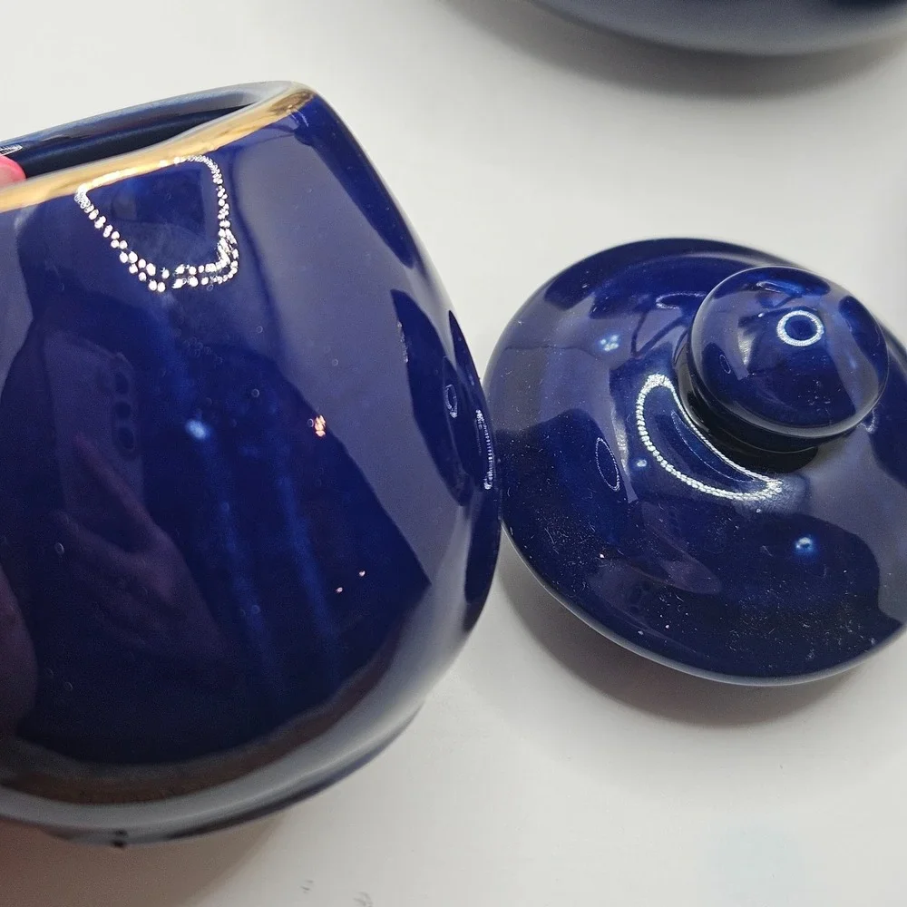 Vintage Cobalt Blue Peacock Tea Set Teapot & 2 Cups Gold Floral